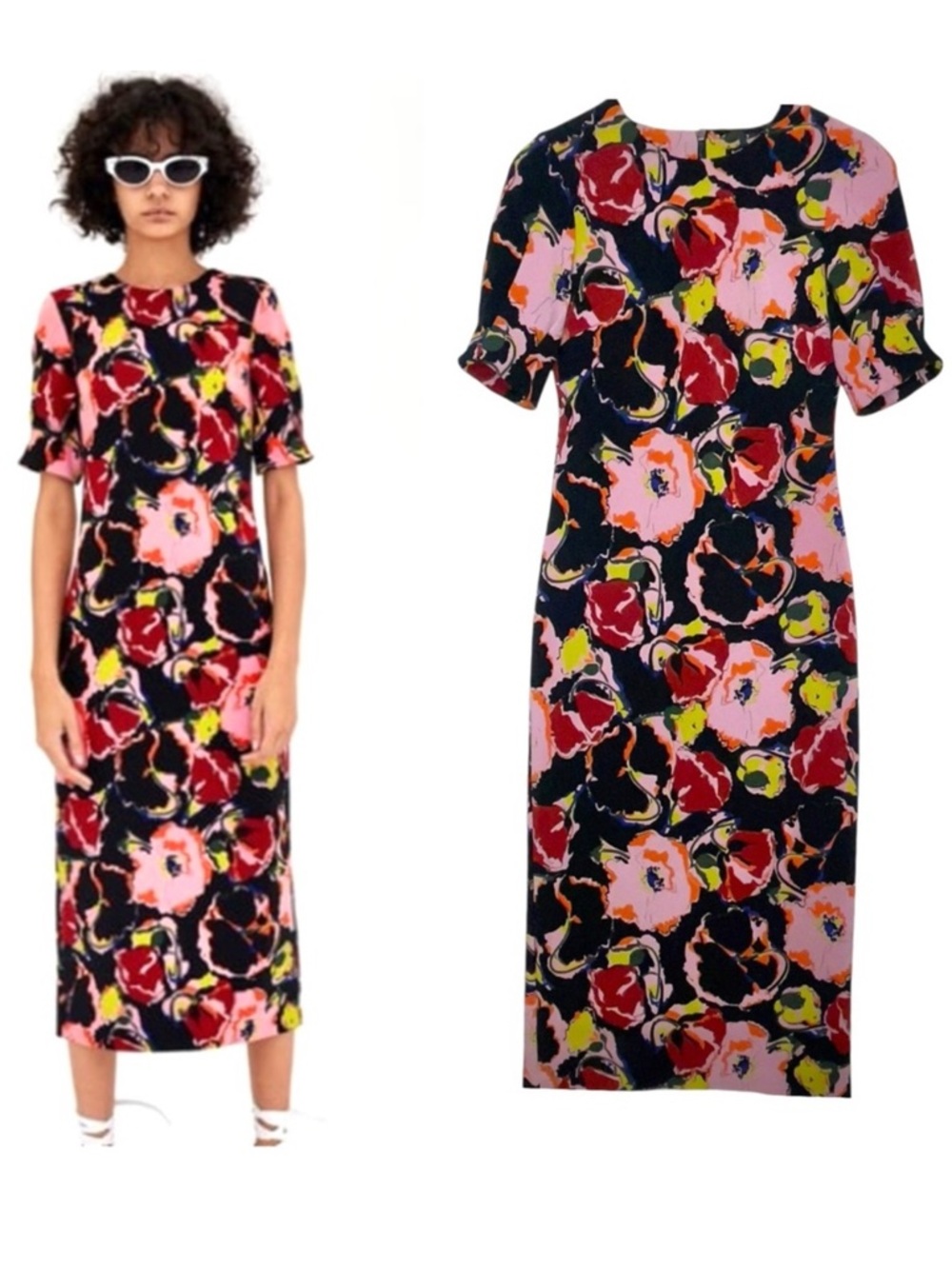 Zara TRF Collection Black Floral Midi Dress Small
